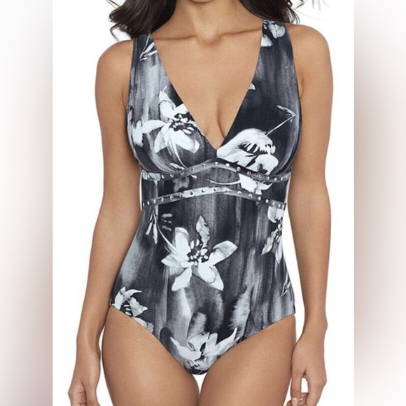 AMORESSA SWIMWEAR size 6  black & gray colorssilver metal like dots front NEW